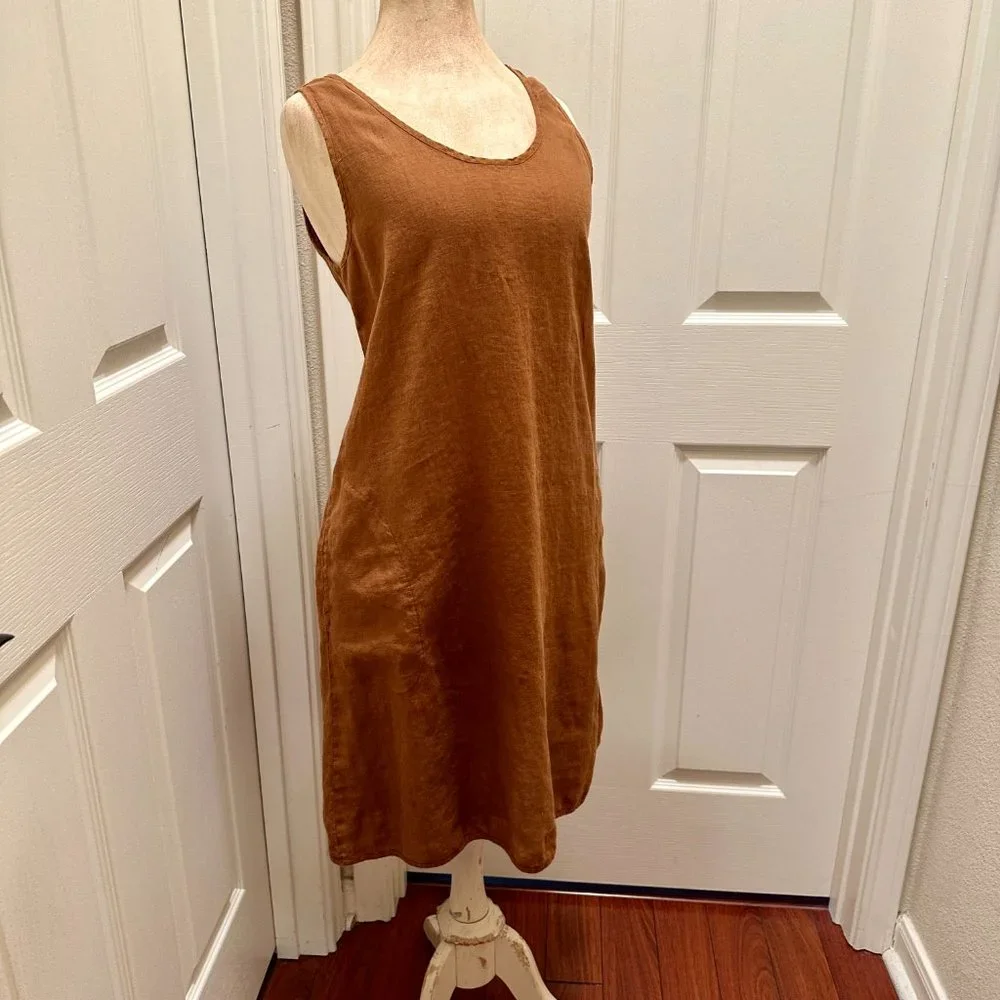 Chic Chico's Design 100% Linen Sleeveless Brown Midi Dress Size 1( USA M/8) - Picture 1 of 12